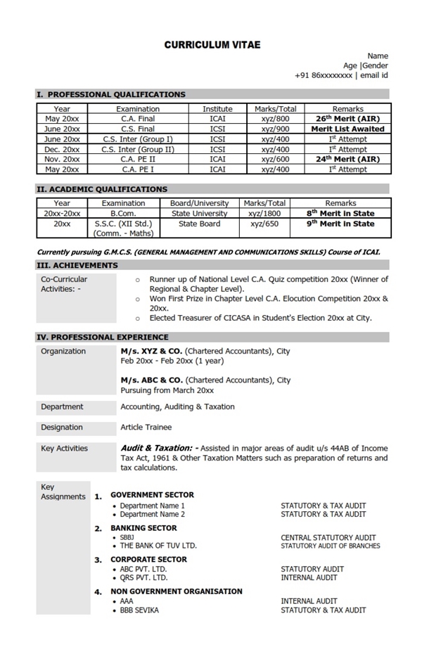 Resume format for chartered accountants