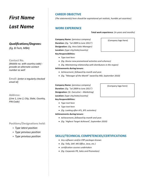 Resume/CV Sample Format - FMCG (Work Experience) | MBA ...