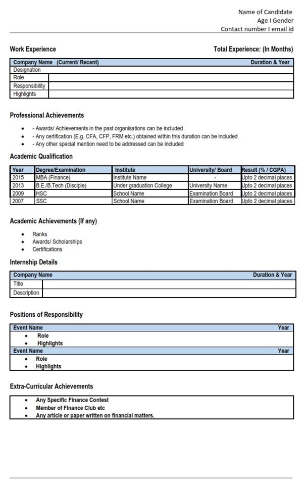 Resume Cv Sample Format Finance Work Experience Mba Skool